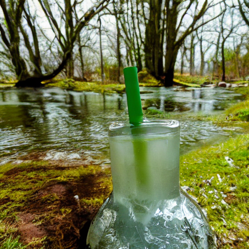 Green drink with straw in a glass bottle, set by a flooded forest stream.