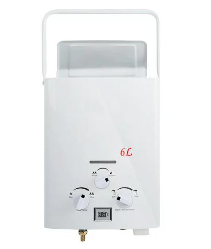 White portable gas water heater with control knobs and a handle at the top