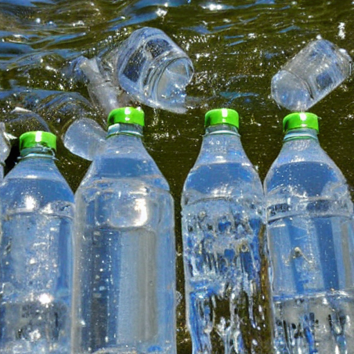 Several clear plastic water bottles with green caps floating in water