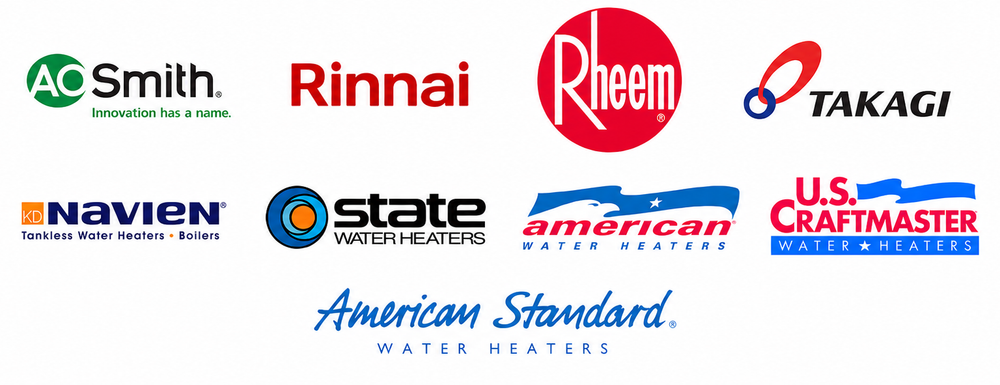 Brand logos for A. O. Smith, Rinnai, Rheem, Takagi, Navien, State, American, U.S. Craftmaster, and American Standard