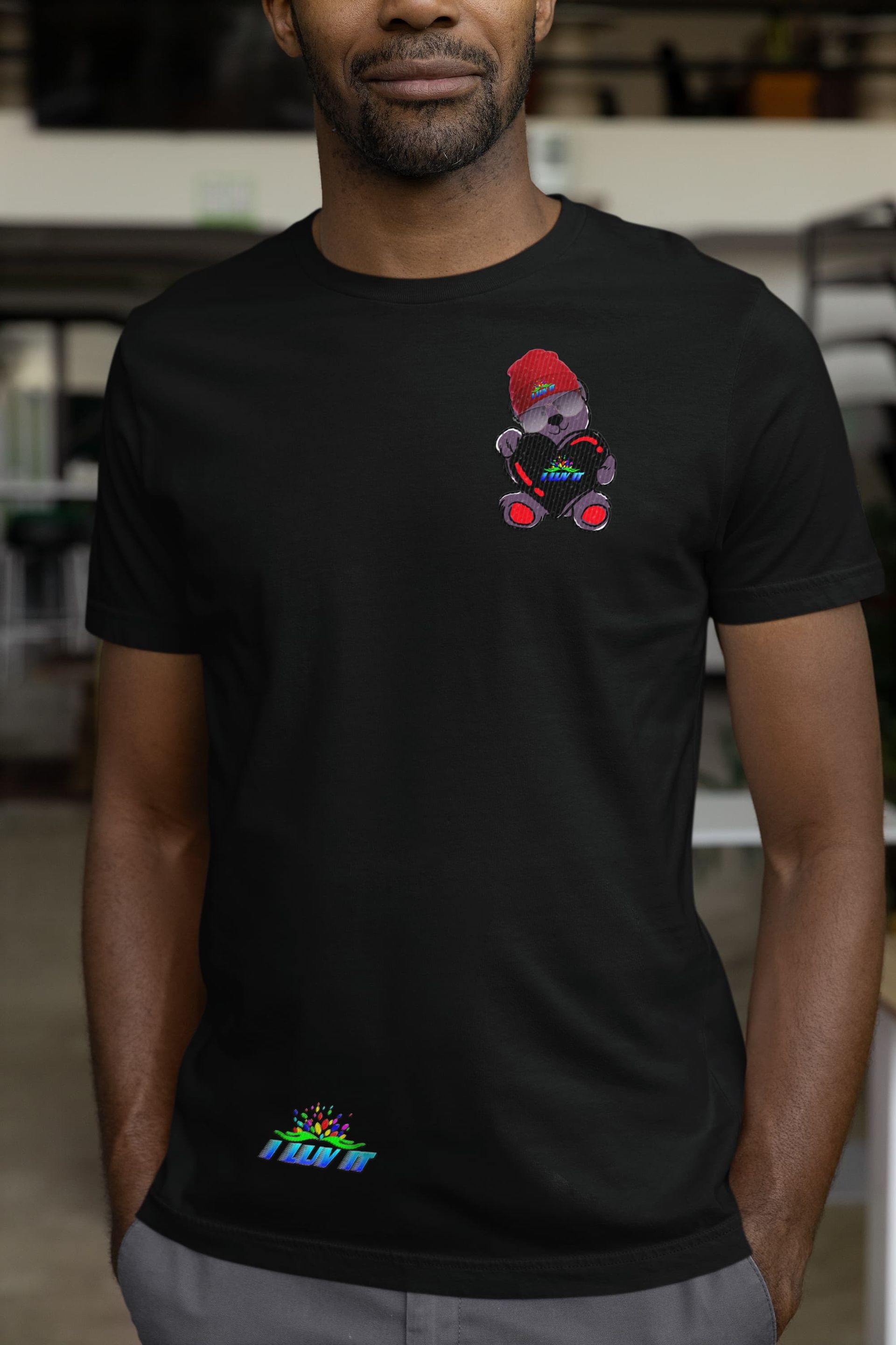 I LUV IT Bear T-Shirt Red Beanie Emblem