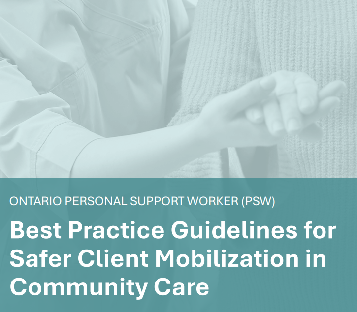 Ontario PSW guide cover with hands helping a person mobilize, teal text on a light background