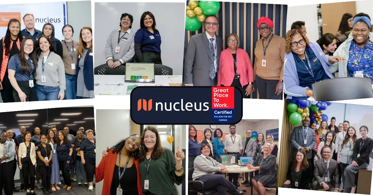 Collage of people at a Nucleus event, with group photos, booth displays, and social moments.