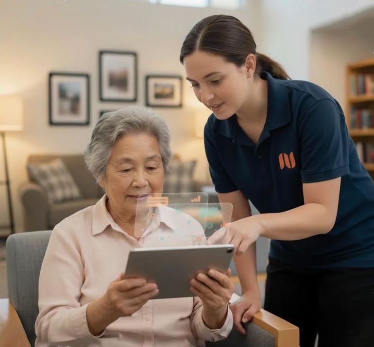 Caregiver showing a tablet to a seated woman in a living room