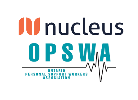 Nucleus OPSWA logo with orange and navy text, heartbeat line, and Ontario Personal Support Workers Association subtitle