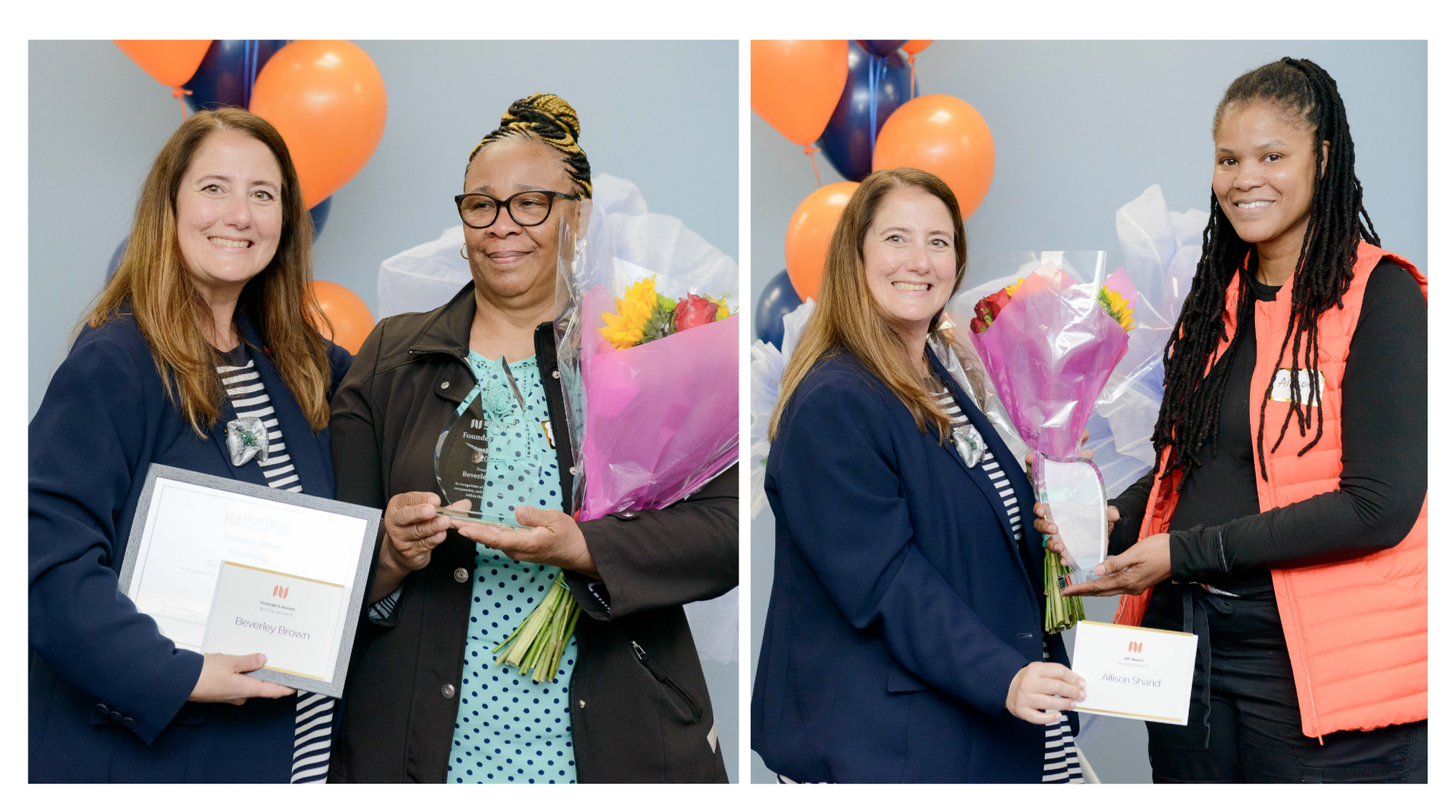 Two women holding certificates and flower bouquets at a celebration, standing before orange and blue balloons.