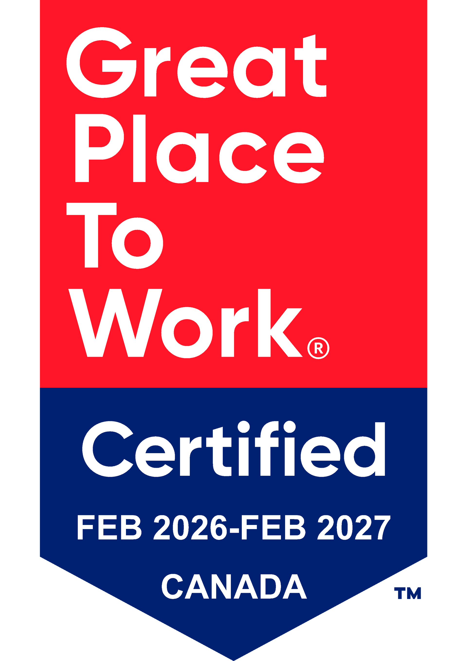 Great Place to Work Certified badge, red and blue, Canada, Feb 2026–Feb 2027