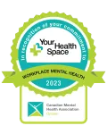 Green and teal Workplace Mental Health 2023 award badge for Your Health Space, CMHA Ontario