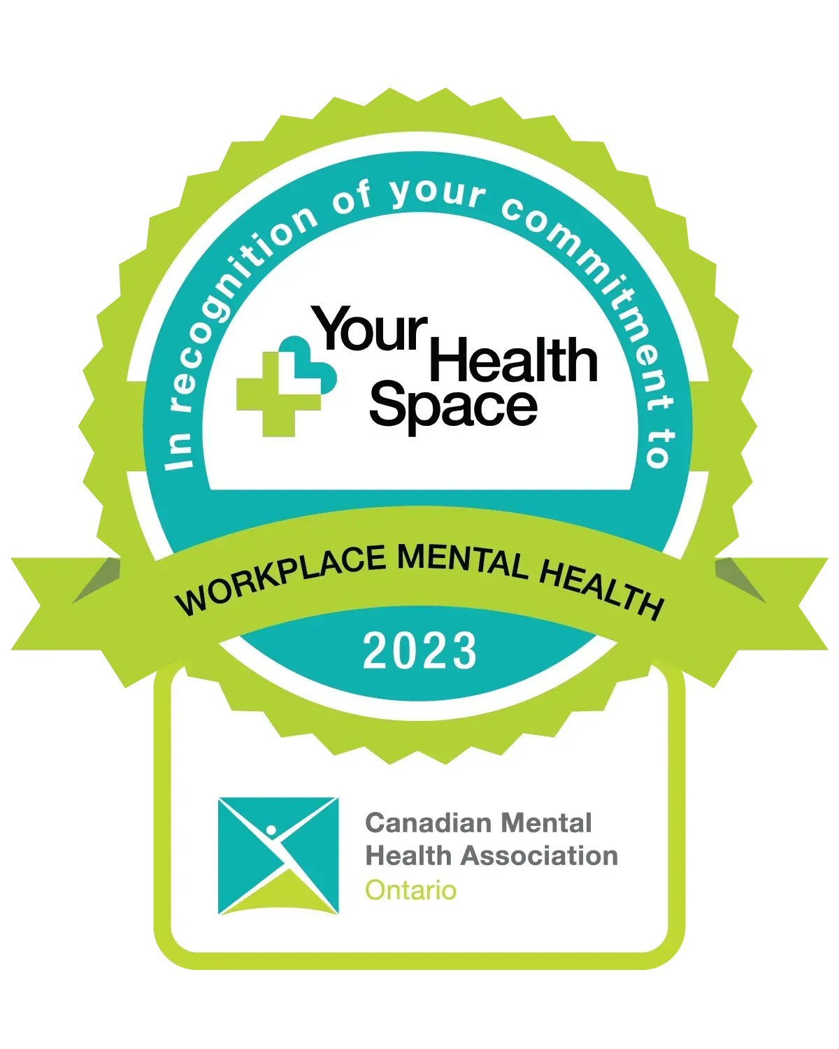 Green and teal Workplace Mental Health 2023 award badge for Your Health Space, CMHA Ontario