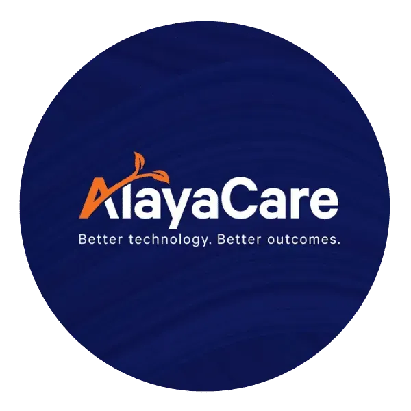 AlayaCare logo in white and orange on a dark blue circular background with the tagline “Better technology. Better outcomes.”