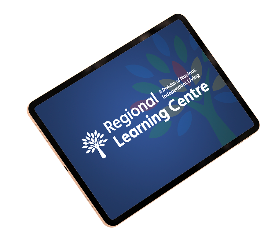 Tablet displaying the Regional Learning Centre logo on a blue screen, tilted on a white background