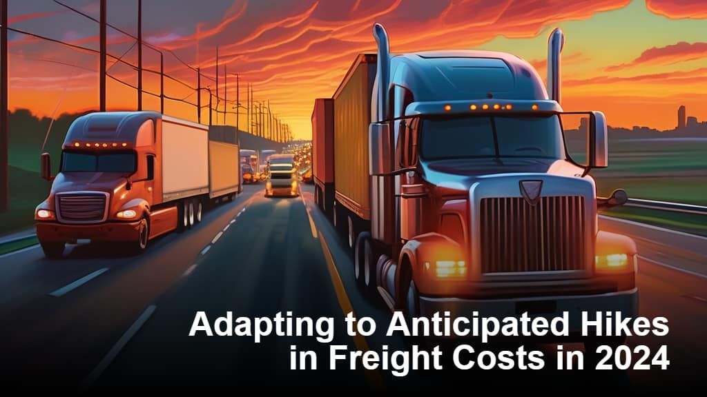 Two semi trucks are driving down a highway at sunset.