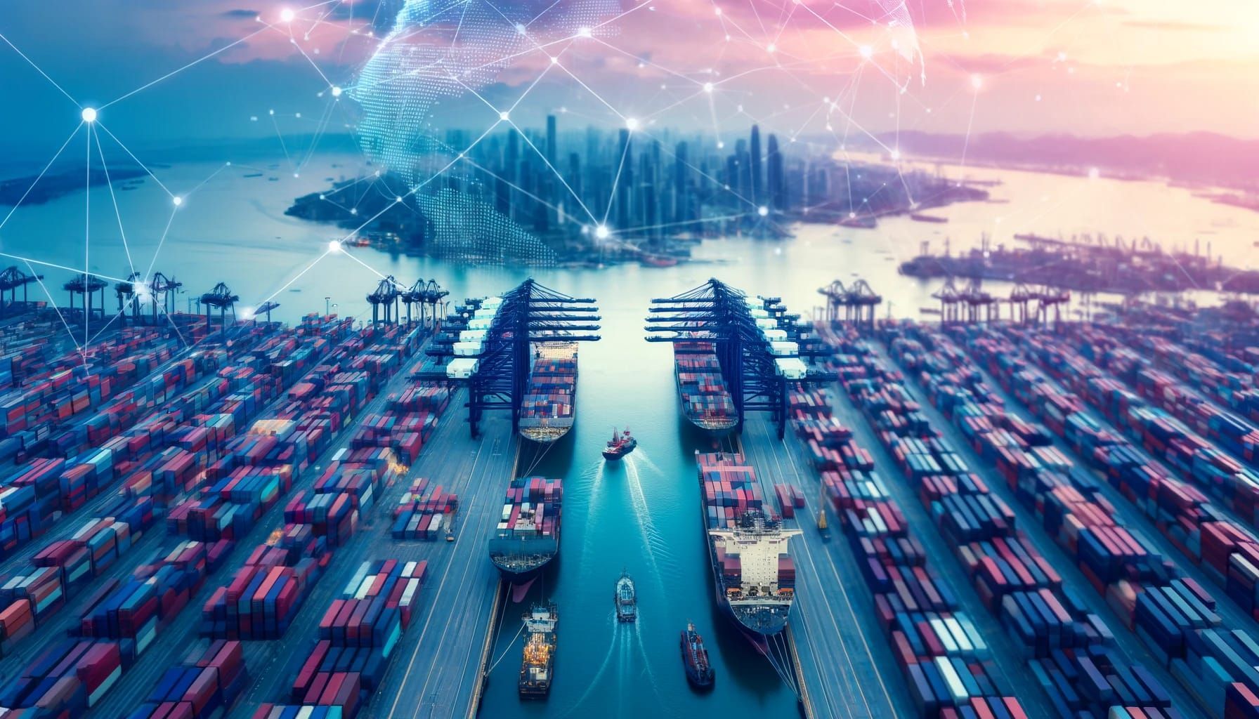 An aerial view of a large container port with a city in the background.