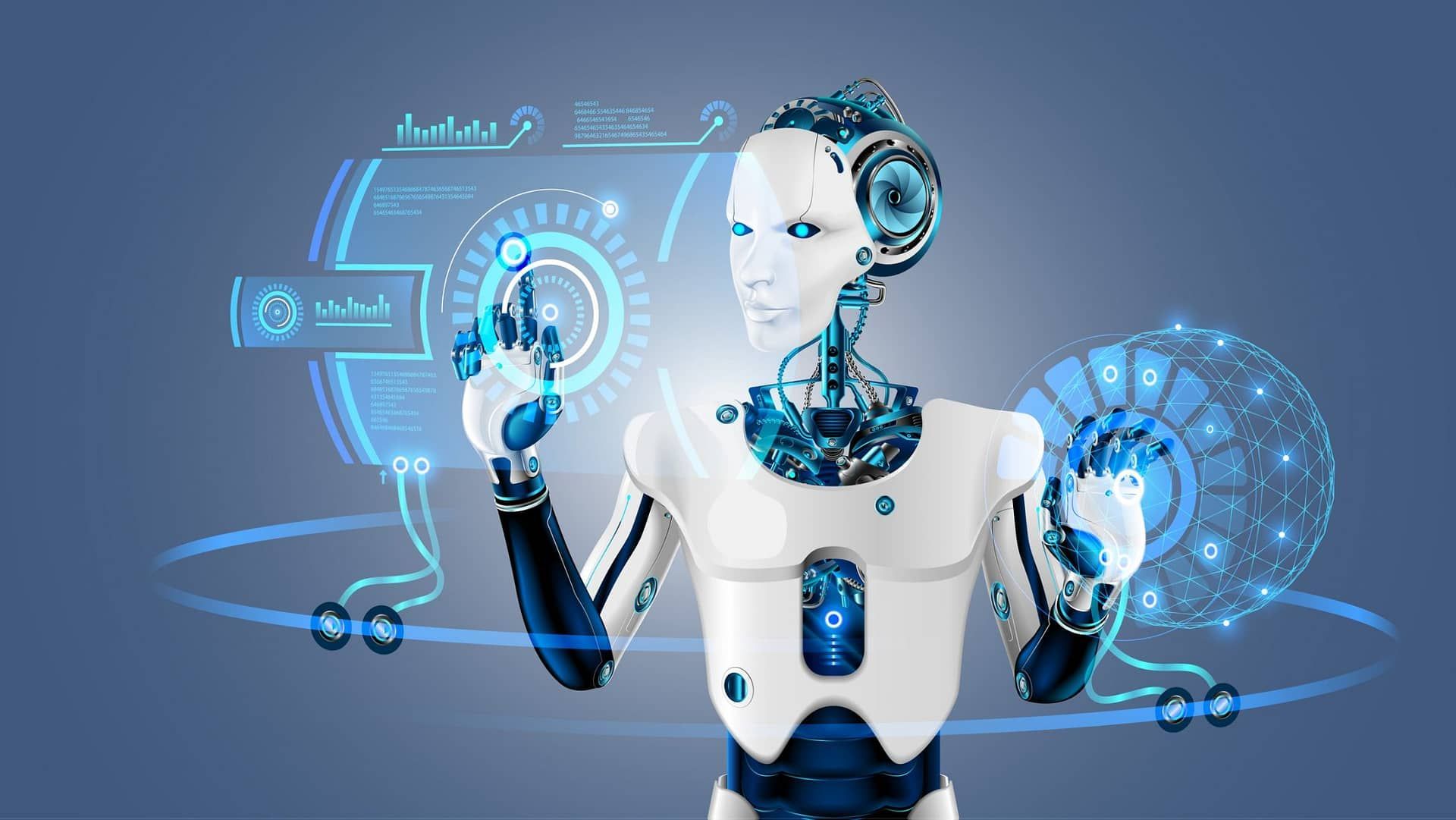 A robot is standing in front of a futuristic screen.