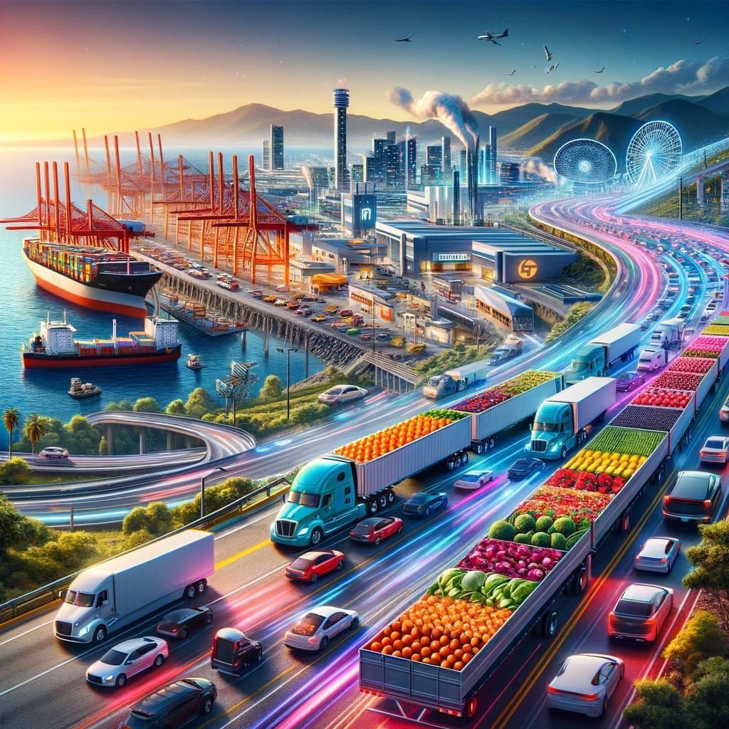 An aerial view of a highway filled with trucks carrying fruits and vegetables.
