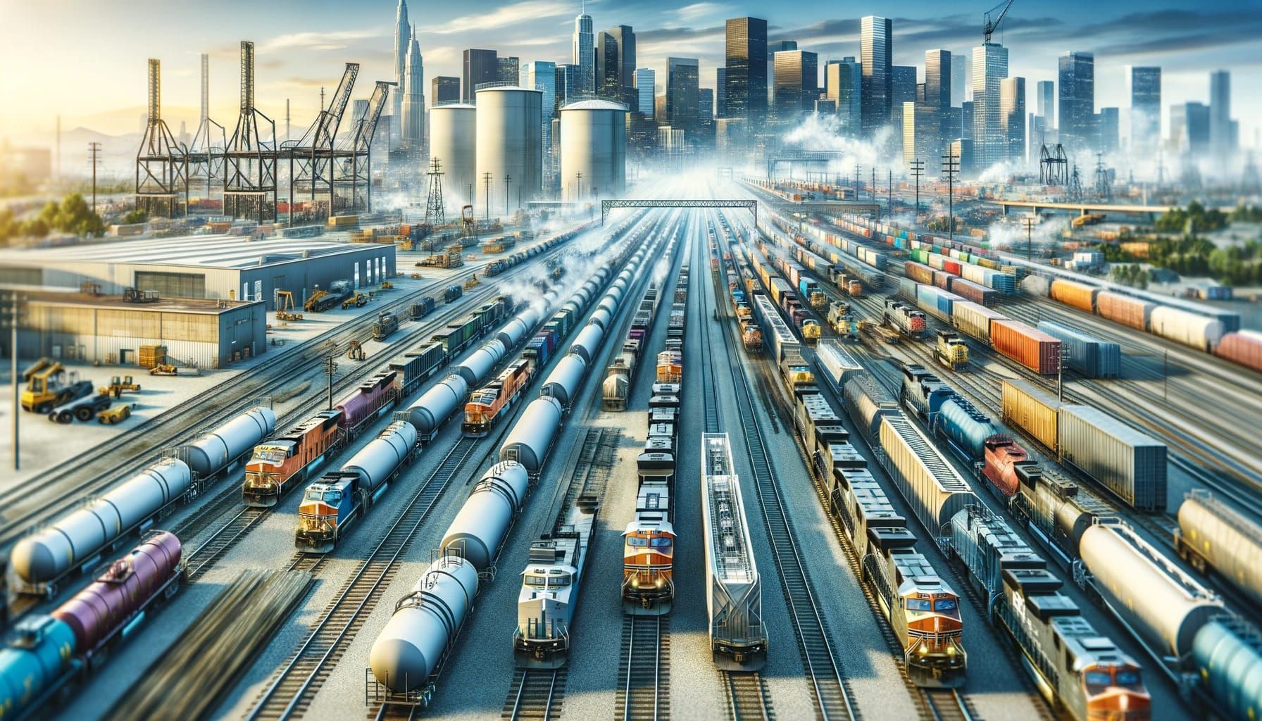 A train yard with a city in the background and a lot of trains on the tracks.
