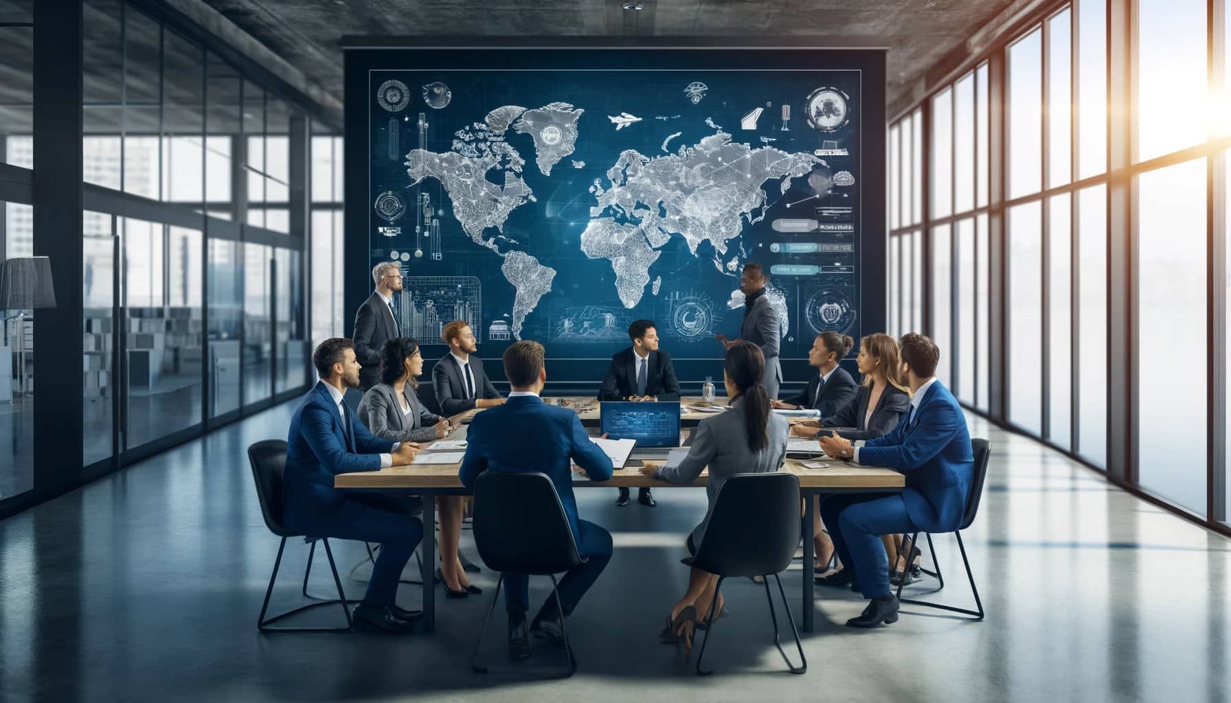A group of business people are having a meeting in a conference room.