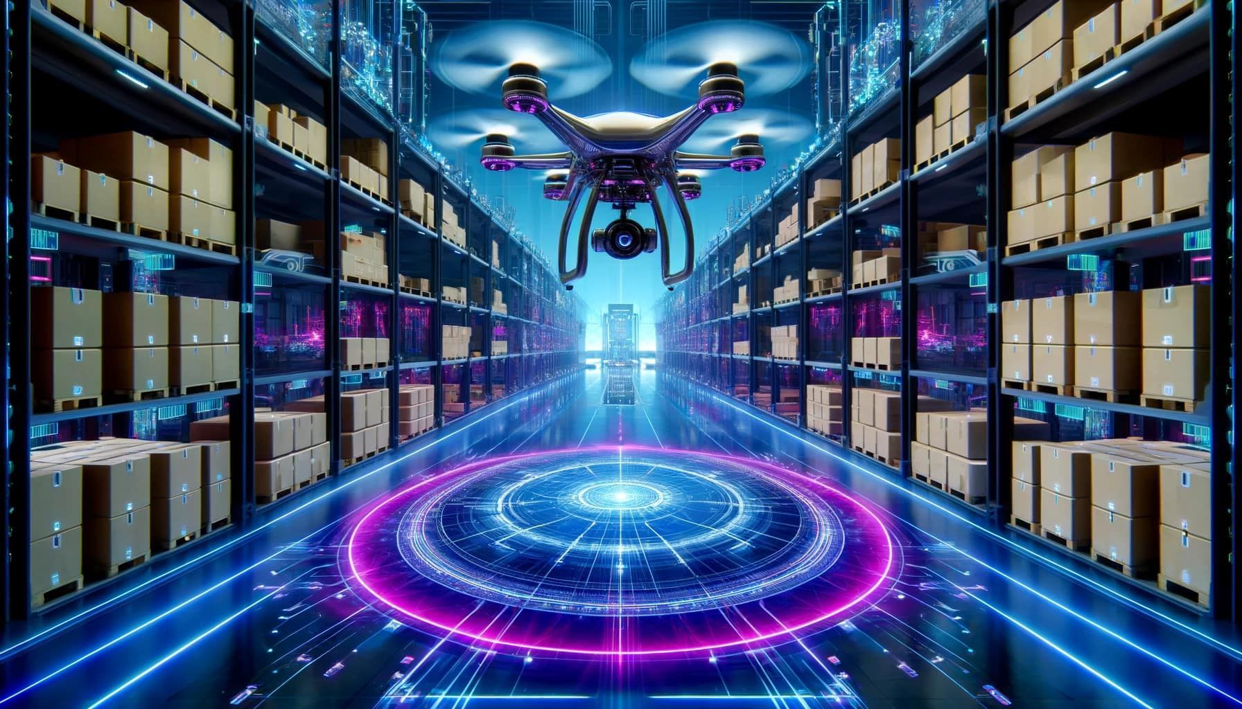 A drone is flying over a warehouse filled with boxes.