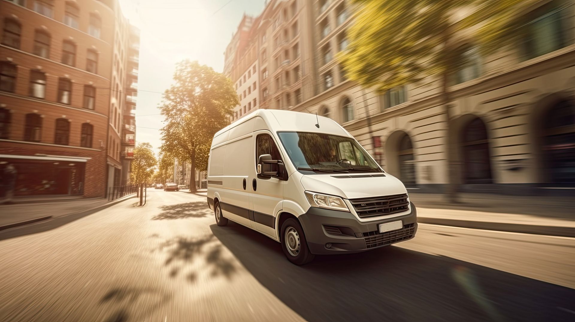 A white van is driving down a city street.