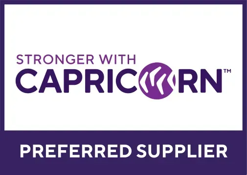 Purple and white “Stronger with Capricorn” Preferred Supplier logo