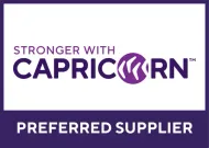 Purple and white “Stronger with Capricorn” Preferred Supplier logo
