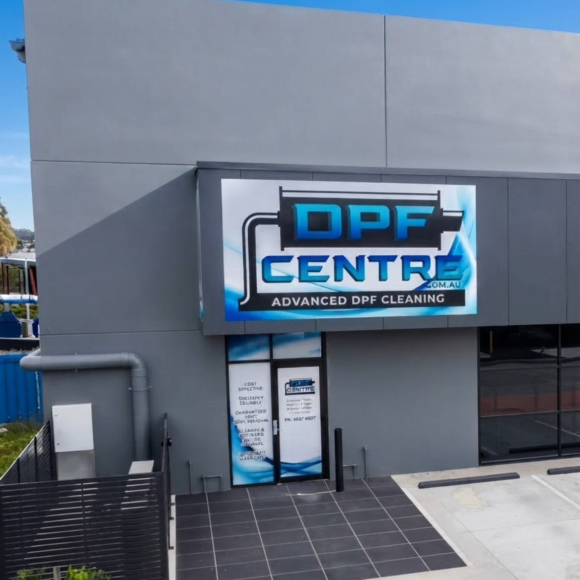 DPF Centrx storefront with blue-and-black sign on a gray building