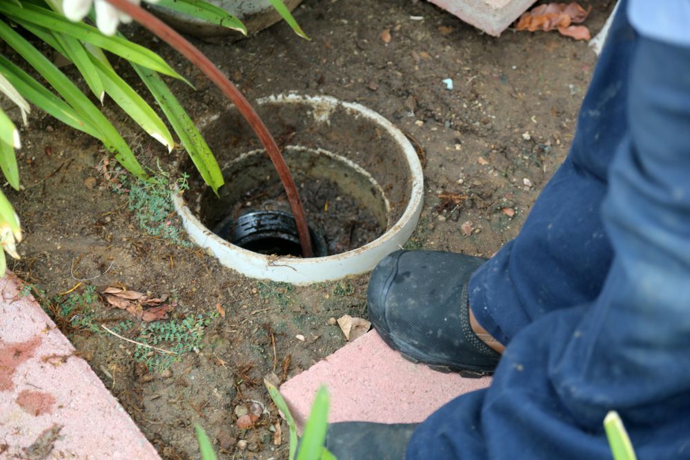 Person unclogging an outdoor drain with a snake tool, surrounded by dirt, plants, and bricks.