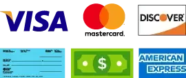 Logos for Visa, Mastercard, Discover, American Express; a check; and a dollar bill.