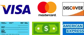 Logos for Visa, Mastercard, Discover, American Express; a check; and a dollar bill.