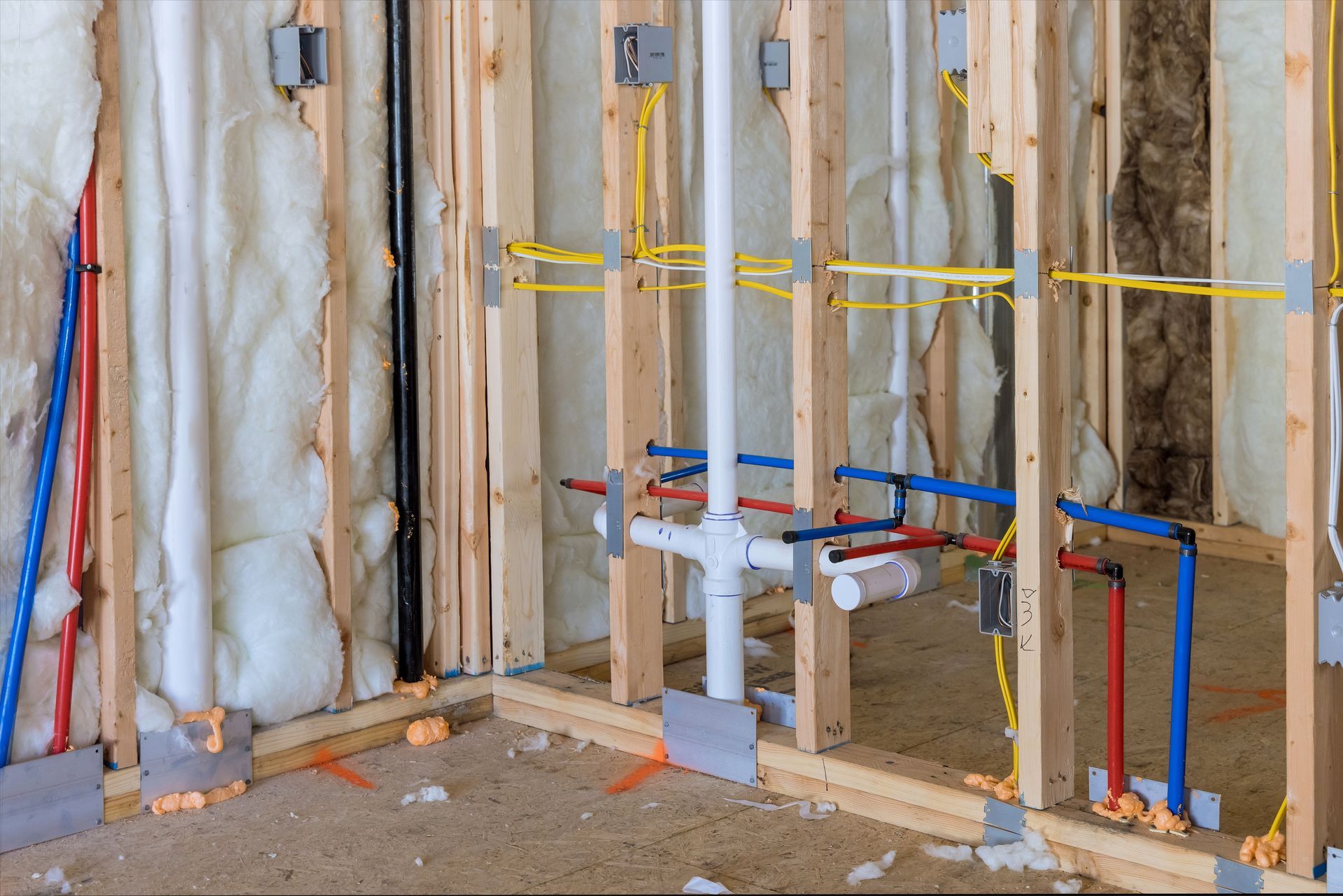 Interior view of new construction with exposed plumbing, wiring, and insulation within wooden framing.