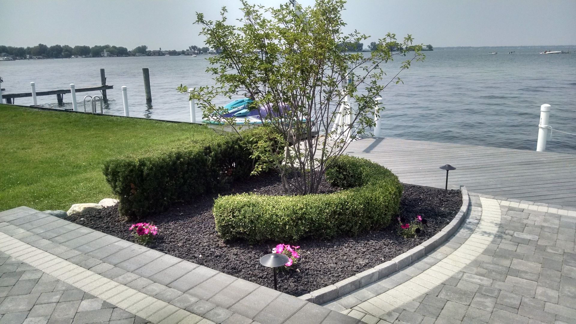 A tree is in the middle of a garden next to a body of water.