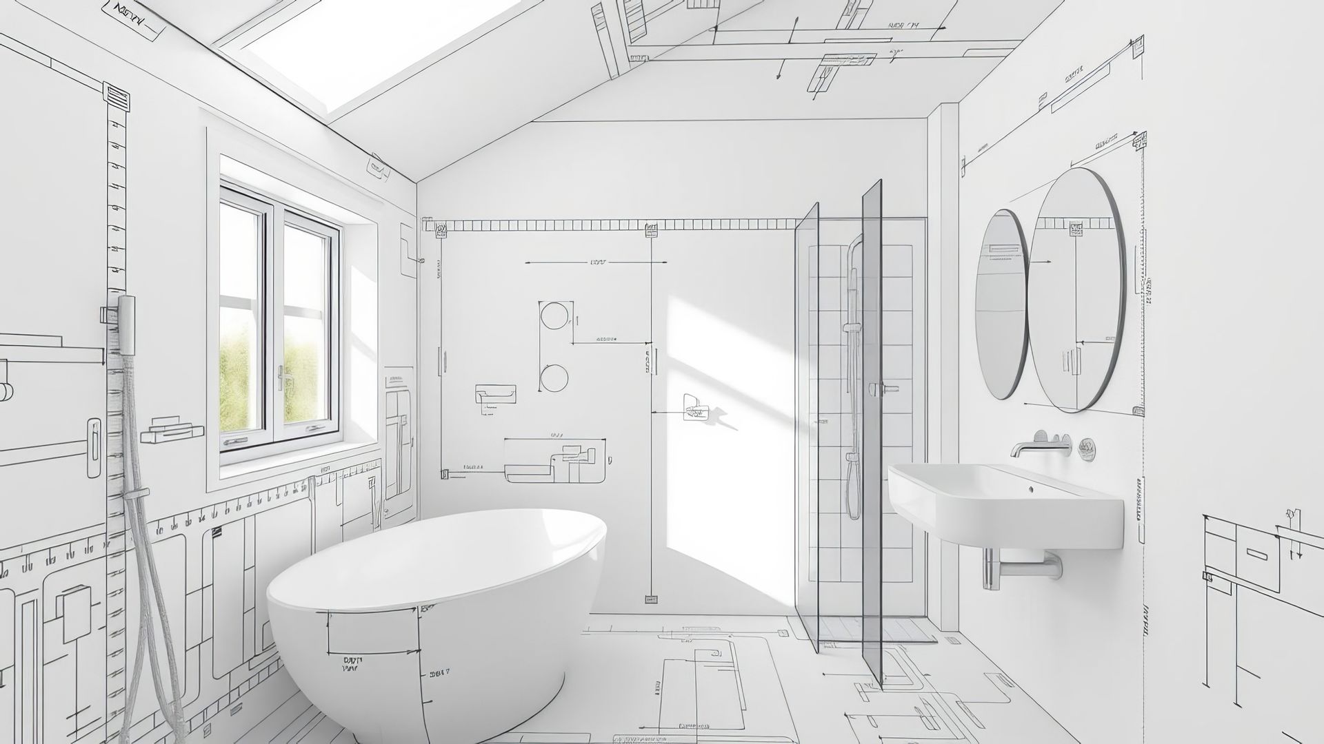 Blueprint sketch of a modern bathroom renovation project with measurements and details, details, interior design, construction Blueprint sketch of a modern bathroom renovation project with measurements and details, details, interior design, construction