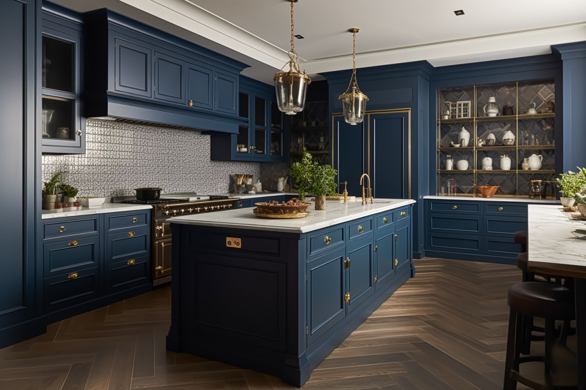 A person gesturing toward a window while another person looks on, holding a clipboard in a rustic, brick-walled kitchen. Modern navy-blue kitchen with gold accents, marble island, pendant lights, and patterned herringbone wood floor