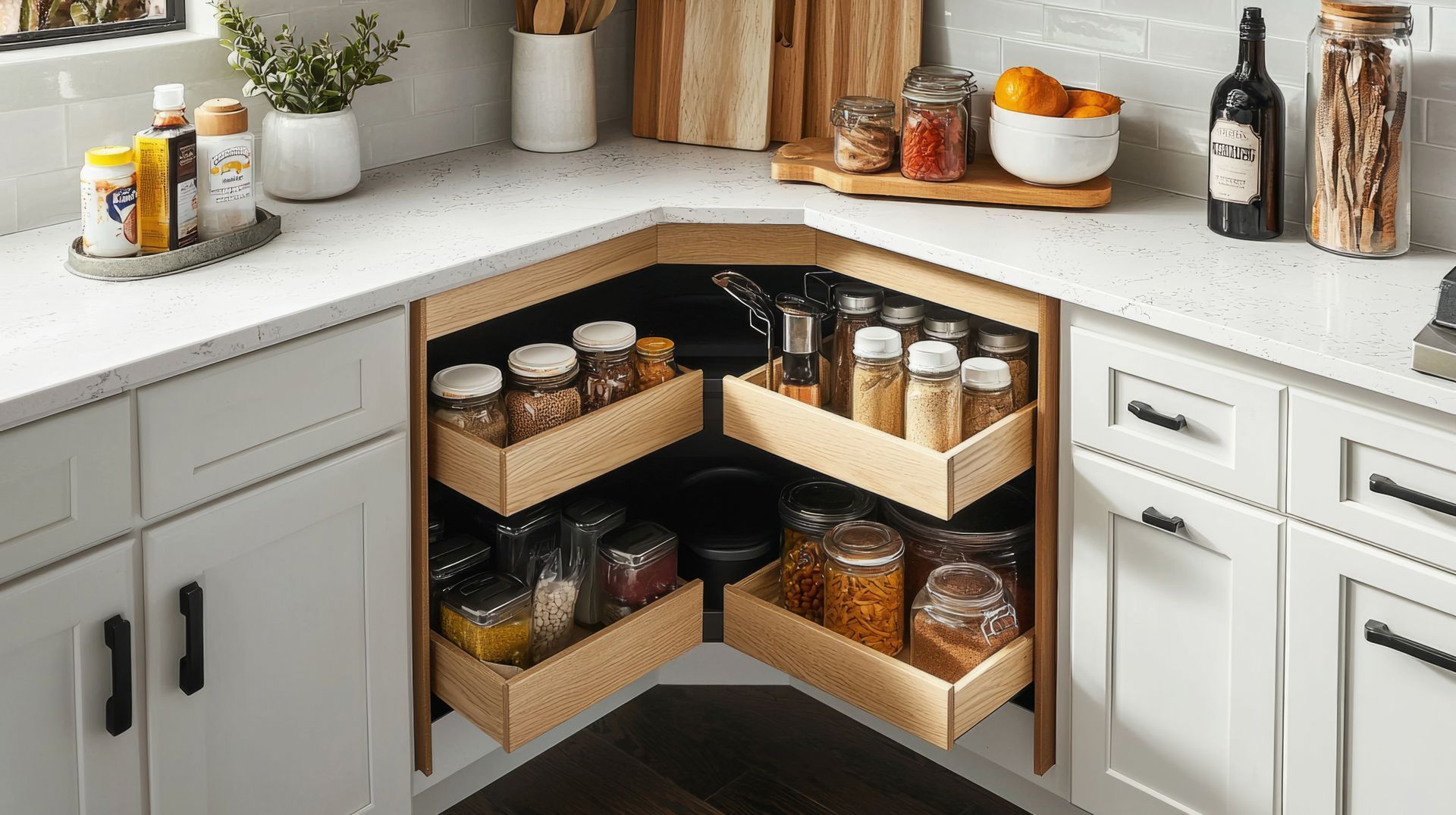 Open corner kitchen cabinet with pull-out shelves holding jars, bottles, and pantry items