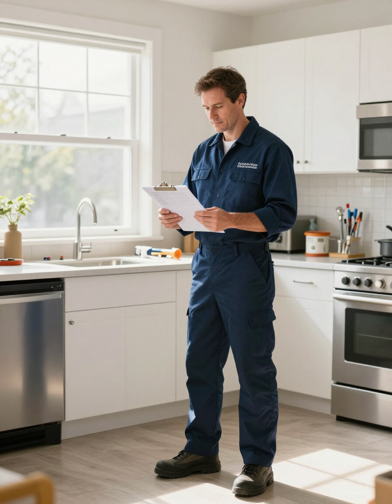 Professional plumber reviewing a checklist in a modern kitchen