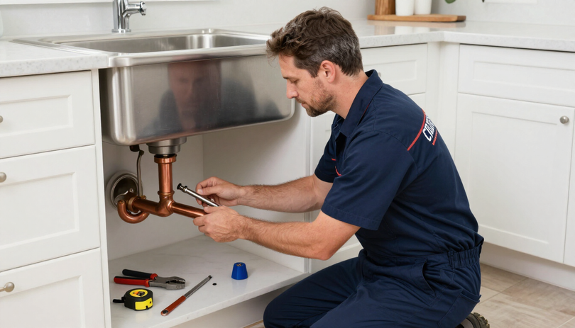 Licensed plumber repairing copper pipe beneath a kitchen sink