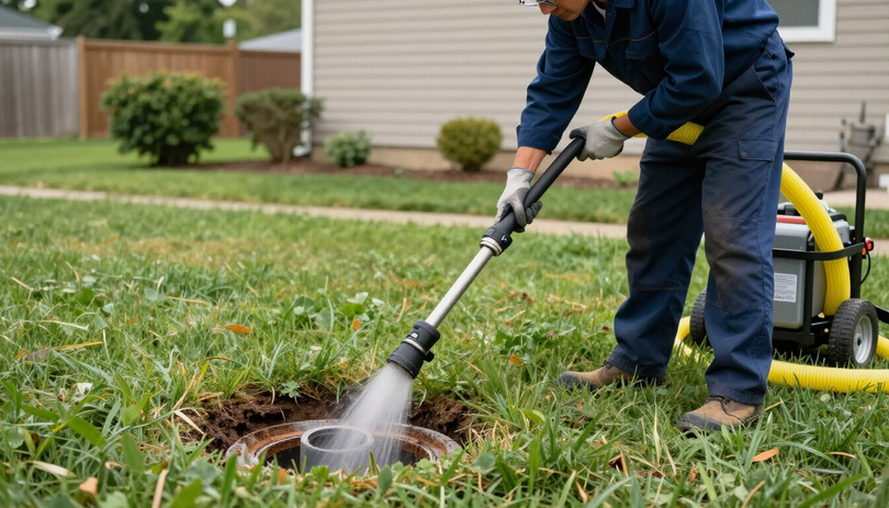 Drain cleaning technician using hydro jetting equipment