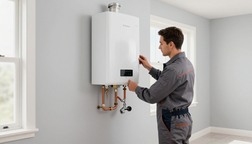 Plumber installing a tankless water heater in a utility room