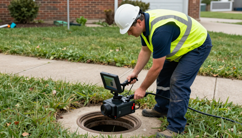 Sewer inspection technician using camera inspection system