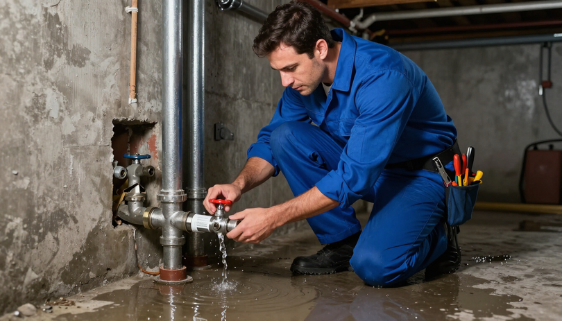 Plumber responding to a burst pipe in a residential basement