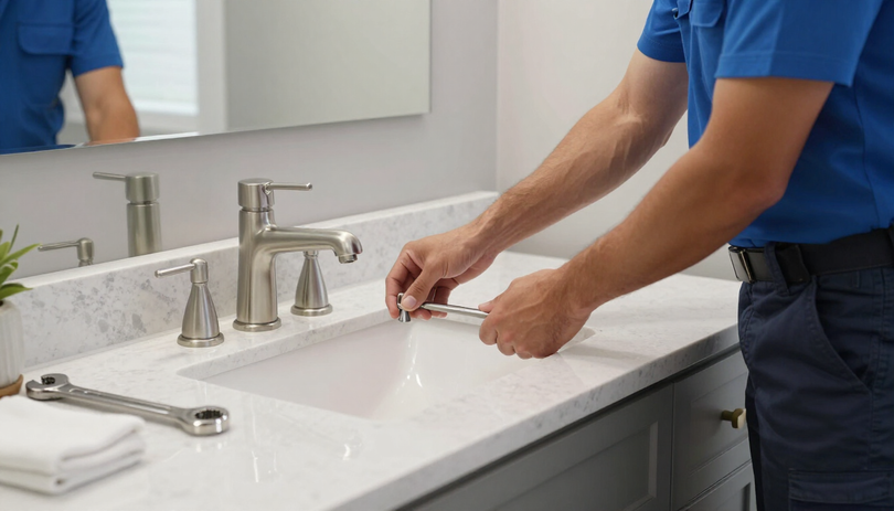 Plumber installing a brushed nickel faucet on a bathroom vanity