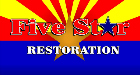 A logo for five star restoration with an arizona flag in the background