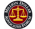 The logo for the million dollar advocates forum is a scale of justice in a circle.