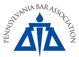 The pennsylvania bar association logo is a blue triangle with a candle in the middle.