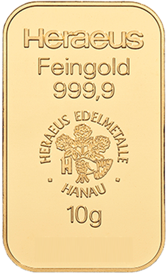 Gull Heraeus Feingold 999.9 10g gullstöng með upphleyptu merki og texta