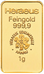 Gullstöng Heraeus Feingold 999,9 1 g með grafnu merki og texta á hvítum bakgrunni