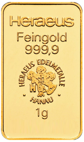 Gullstöng frá Heraeus Feingold 999,9 1 g með merki og hreinleikamerkingum
