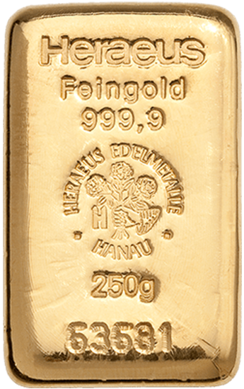 Gullstöng frá Heraeus stimpluð 999.9, 250 g, með raðnúmerinu 62581