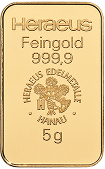 Gullstöng Heraeus Feingold 999,9 5 g með ósmíðuðu merki og textanum „Hanau“.