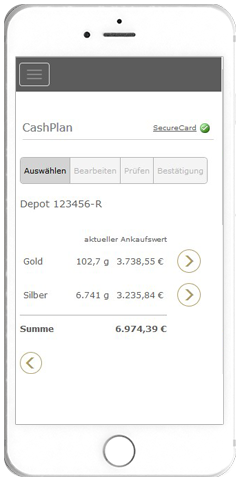 Hvítur snjallsími sem sýnir CashPlan reikningsstöðuskjá með gull- og silfureignum